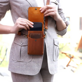 Corssbody phone bag camel interior by Mayacraft